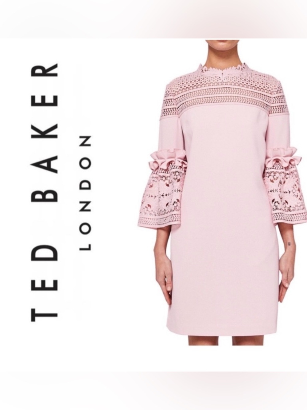 Ted Baker Soft Pink Lace-Yoke Bell-Sleeve Shift Dress Sz 6 (TB 2) - Picture 17 of 17